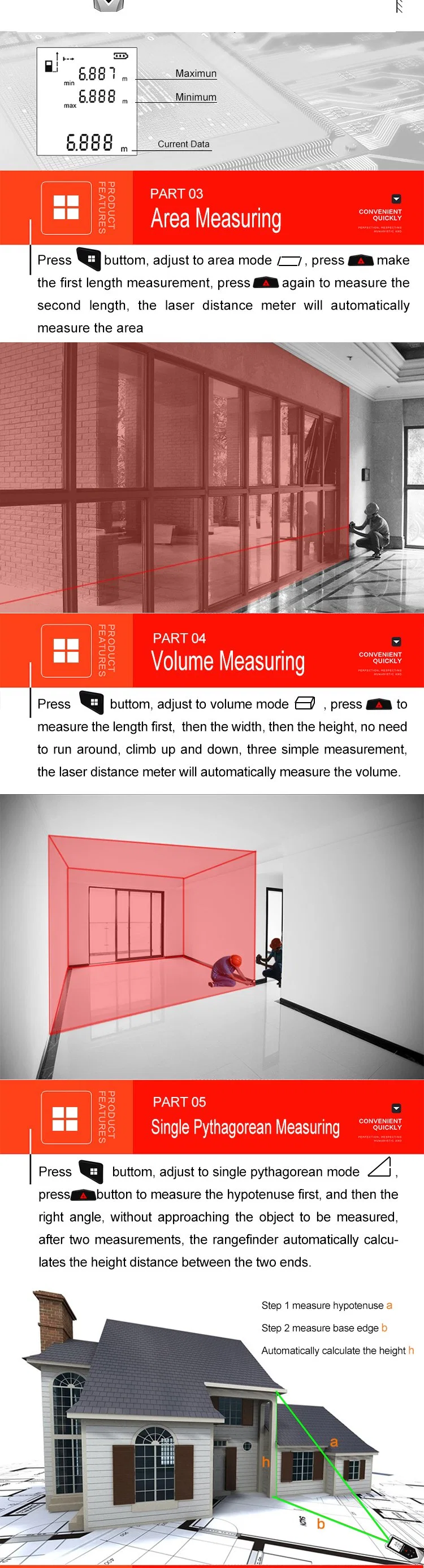 Red 40m Digital Measuring Tape Laser Distance Meter